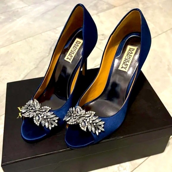 Badgley Mischka Blue Satin Peep-Toe Heels - Picture 1 of 7